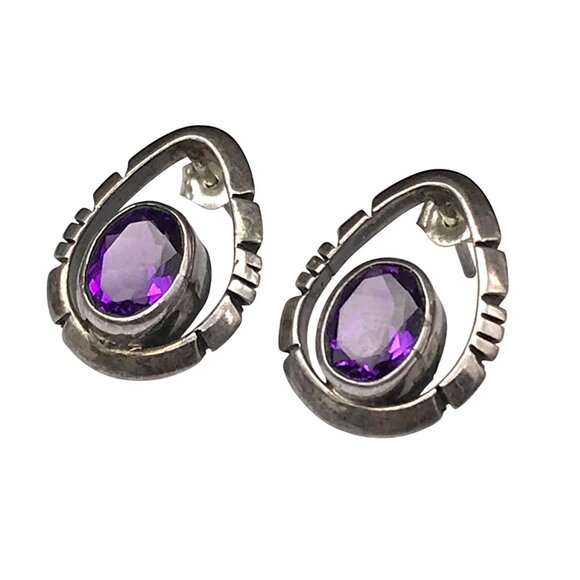 Vintage Sterling Silver and Amethyst Teardrop Stud Earrings, Estate Faceted Beze - Picture 6 of 13